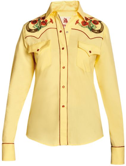 Modestone Women's Horseshoe Floral Embroidered Fitted Western Shirt Yellow