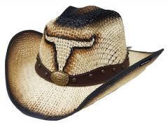 Modestone Jute Cowboy Hat Bull Head Leather-Like Hatband Beige