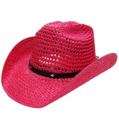 Modestone Girl's Straw Cowboy Hat Metal Conchos Faux Leather Hatband XS Fushia