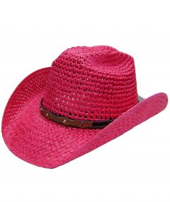 Modestone Girl's Straw Cowboy Hat Metal Conchos Faux Leather Hatband XS Fushia