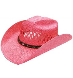 Modestone Girl's Straw Breezer Cowboy Hat Metal Conchos Faux Leather Hatband XS Pink