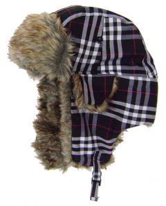 Modestone Plaid Warm Trapper Bomber Hat Faux Fur Trim o/s Black