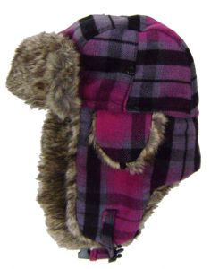 Modestone Plaid Warm Trapper Bomber Hat Faux Fur Trim o/s Purple Fushia