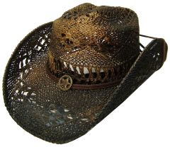 Modestone Straw Cowboy Hat Sheriff Star Open Weave Chinstring Brown Black