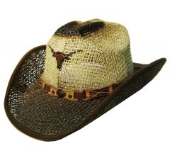 Modestone Unisex Jute Cowboy Hat Longhorn Bull Beige Brown