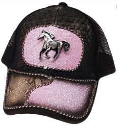 Modestone Western Snapback Ball Cap Glitter Metal Horse ''Faux Snakeskin'' Pink