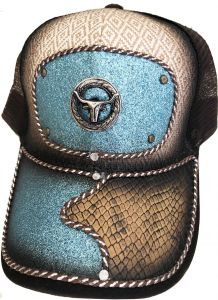 Modestone Western Snapback Ball Cap Metal Bull Blue Glitter ''Faux Snakeskin''