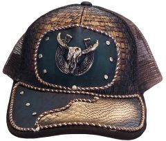 Modestone Western Snapback Ball Cap Metal Bull Horseshoe ''Faux Snakeskin''