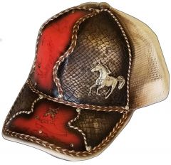 Modestone Western Snapback Ball Cap Metal Running Horse ''Faux Snake Skin'' Red