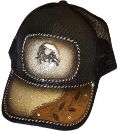 Modestone Western Snapback Ball Cap Metal Bull Rider Horseshoe Beige Sparkle