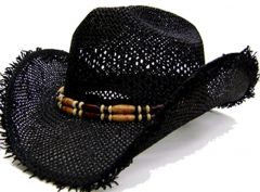 Modestone Men's Straw Cowboy Hat Fuzzy Straw Fringe Black Tan