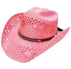 Modestone Women's Straw Cowboy Hat Breezer Faux Leather Hatband Pink