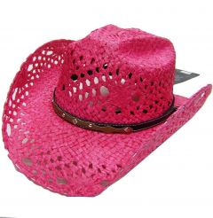 Modestone Women's Straw Cowboy Hat Breezer Faux Leather Hatband Fushia