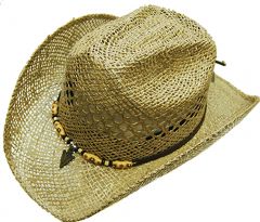 Modestone Men's Straw Cowboy Hat Beaded Arrow Head Hatband Light Beige