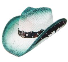 Modestone Straw Cowboy Hat Leather-Like Appliques Blue