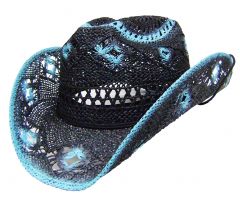 Modestone Women's Straw Cowboy Hat Black Turquoise