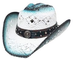 Modestone Straw Cowboy Hat Breezer Crocodile Skin Pattern Hatband White Blue