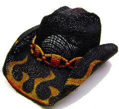 Modestone Men's "Hot-Rod" Flames Straw Cowboy Hat Black Orange Red
