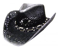 Modestone Men's Straw Cowboy Hat Black & silver