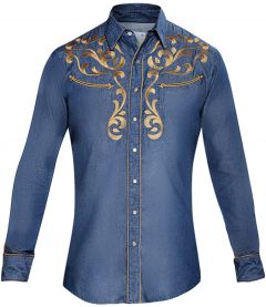 Modestone Men's Embroidered Filigree Long Sleeved Fitted Western Shirt Blue Denim