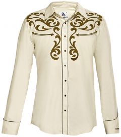 Modestone Men's Embroidered Filigree Long Sleeved Fitted Western Shirt Beige