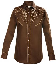 Modestone Men's Embroidered Filigree Long Sleeved Fitted Western Shirt Brown