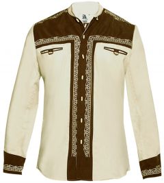 Modestone Men's Embroidered Filigree Charro Fitted Western Shirt Beige