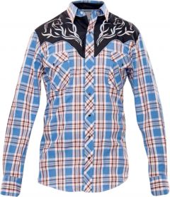 Modestone Men's Fitted Western Shirt Checked Filigree Horse Embroidered Blue