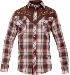 Modestone Men's Long Sleeved Shirt Checked Filigree Horse Embroidered Brown