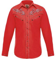 Modestone Men's Embroidered Long Sleeved Fitted Western Shirt Filigree Red