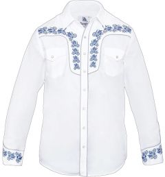 Modestone Men's Embroidered Long Sleeved Fitted Western Shirt Filigree White