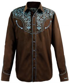 Modestone Men's Long Sleeved Fitted Western Shirt Filigree Embroidered Brown