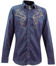 Modestone Men's Long Sleeved Fitted Western Shirt Filigree Embroidered Denim
