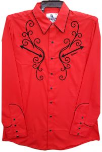 Modestone Men's Long Sleeved Fitted Western Shirt Filigree Embroidered Red