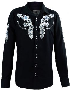 Modestone Men's Long Sleeved Fitted Western Shirt Filigree Embroidered Black
