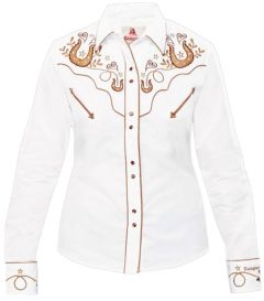 Modestone Women's Embroidered Fitted Western Shirt Horseshoes Hearts White