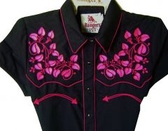 Modestone Women's Floral Embroidered Short Sleeve Fitted Western Shirt Black & Fushia