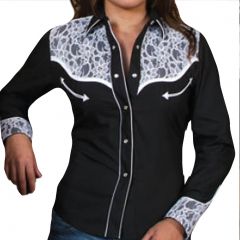 Modestone Women's Lace Yoke & Sleeve Fitted Western Shirt Filigree Black