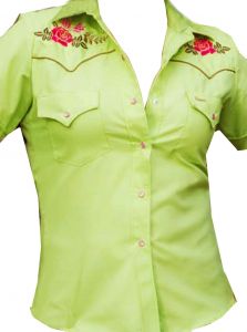 Modestone Women's Embroidered Short Sleeved Fitted Western Shirt Floral Green