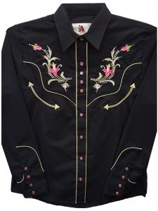 Modestone Women's Embroidered Long Sleeved Western Shirt Floral Horseshoe Black
