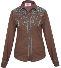 Modestone Women's Embroidered Long Sleeved Fitted Western Shirt Floral Brown