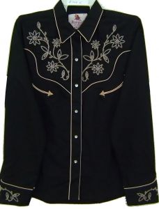 Modestone Women's Floral Embroidered Western Shirt Black