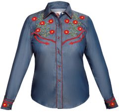 Modestone Women's Floral Embroidered Long Sleeved Fitted Western Shirt Denim Blue