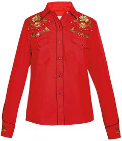 Modestone Women's Floral Embroidered Long Sleeved Fitted Western Shirt Red