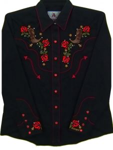 Modestone Women's Embroidered Long Sleeve Fitted Western Shirt Rose Boots Rhinestones