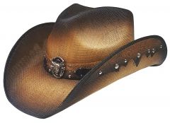 Modestone Unisex Straw Cowboy Hat Metal Longhorn Bull Head Concho & Studs Brown