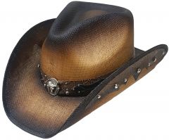 Modestone Straw Cowboy Hat Longhorn Bull Rhinestones Appliques Brown