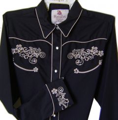 Modestone Women's Embroidered Long Sleeve Shirt Floral Filigree S Black