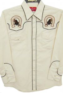 Modestone Men's Embroidered Long Sleeve Shirt Cowboy Horse Horseshoe S Beige