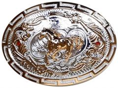 Modestone Metal 2 X Red Stones Belt Buckle Galloping Horse 4 3/4'' X 3 1/2''